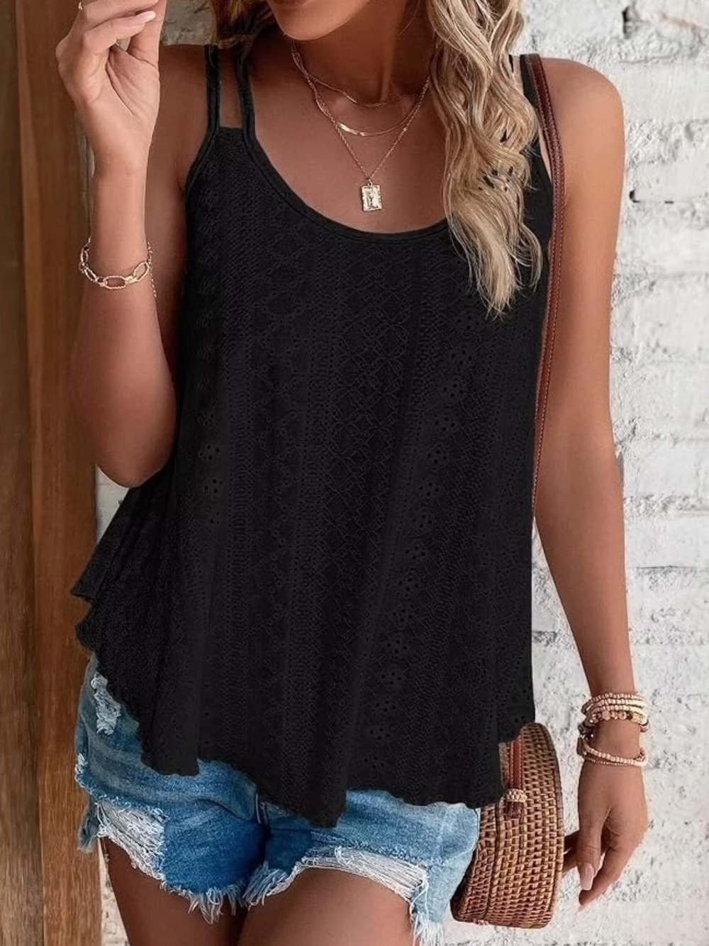 NWT Athmile Black Double-Strap Flowy Eyelet Tank Top - Size L (008)